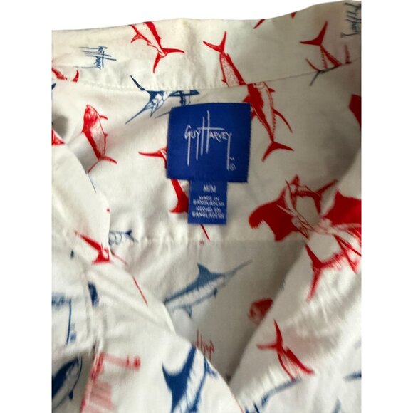 GUY HARVEY Swordfish Print Red White Blue Button Down Shirt Size Medium - Picture 6 of 10
